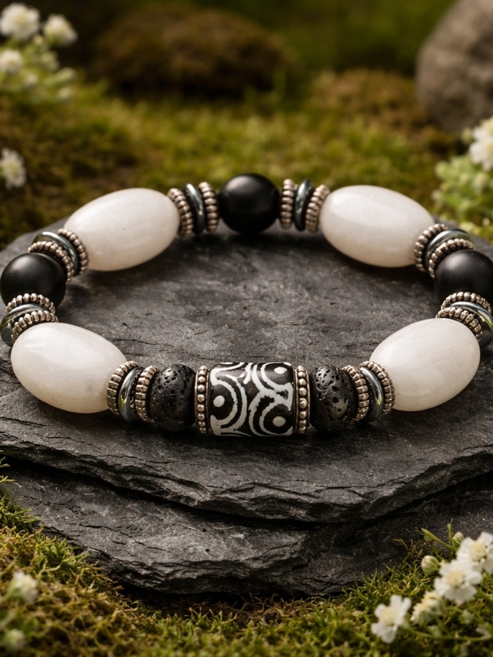 White Snow Quartz, Matt Black Onyx, Lava Rock, Hematite, And Tribal Krobo Accent